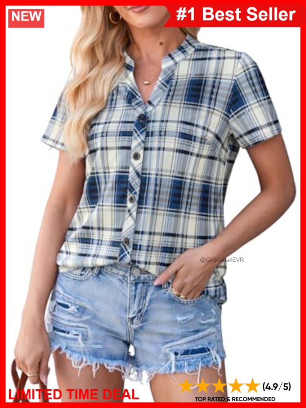 Women's Plaid V Neck Short Sleeve Button Down Blouse